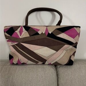 Emilio Pucci Vintage Geometric Print Corduroy Tote Bag Pink Brown Italy Rare